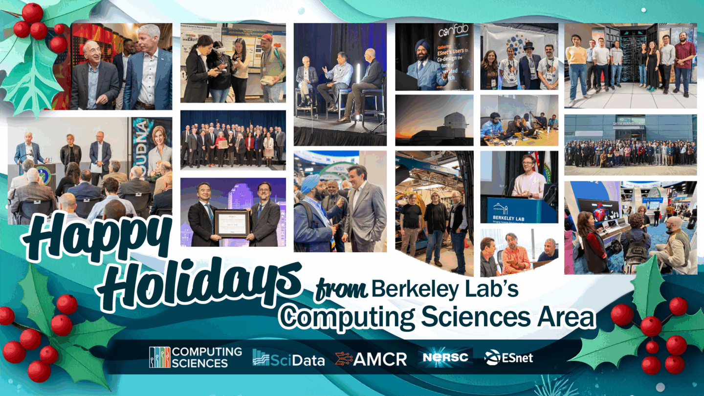 Photo collage celebrating Berkeley Lab Computing Science Area's achievements and events of the year 2025.