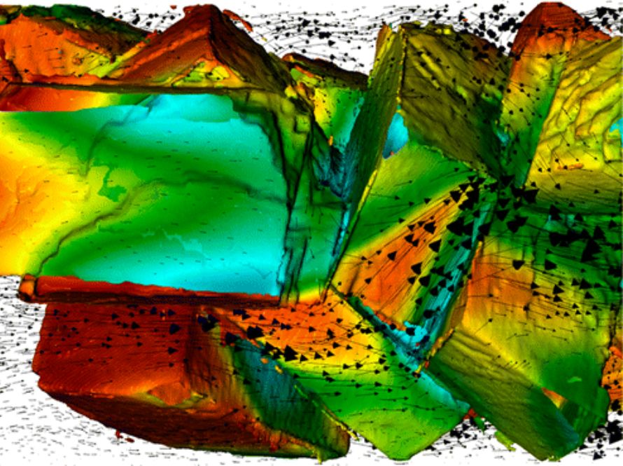 A colorful 3D visualization of complex geological formations, featuring vibrant shades of green, blue, orange, and red. The image includes intricate textures and patterns, with black arrows indicating flow directions or data points. This visualization highlights advanced computational techniques used to analyze and interpret geological structures.