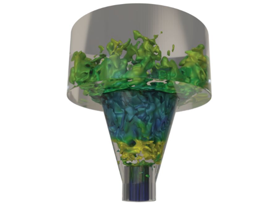 3D visualization of fluid turbulence simulation inside a transparent, funnel-shaped vessel, showing green and yellow turbulent flow structures.