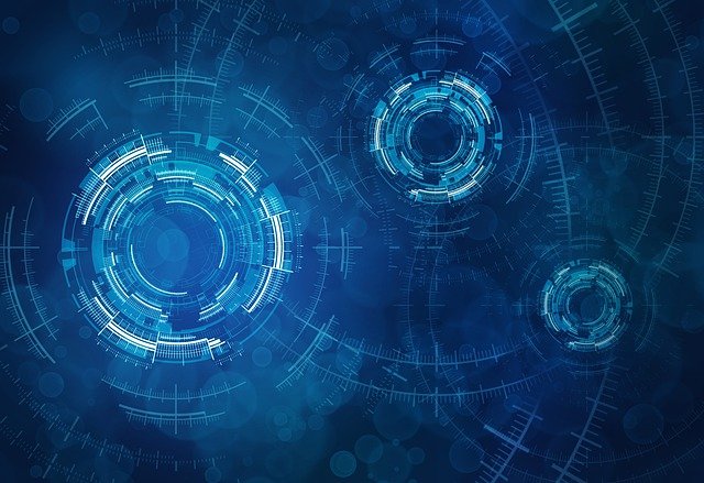 A digital background featuring circular, futuristic blue interface elements and geometric patterns along the left and right edges, with a large solid blue rectangle in the center.