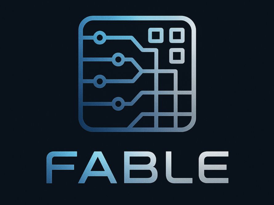Logo for FABLE showing a stylized circuit board icon with interconnected lines and nodes, above the word "FABLE" in gradient blue letters on a dark background.