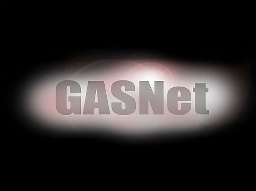 The word "GASNet" appears in large, bold, gray letters centered on a dark background with a glowing, hazy white and pink light effect behind the text.