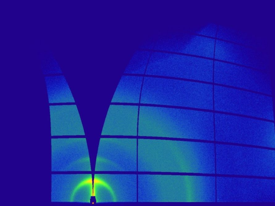 False-color GIWAXS (Grazing Incidence Wide Angle X-ray Scattering) image showing a curved detector pattern with a distinct missing vertical wedge in the center, representing the region of reciprocal space that is inaccessible due to the projection of the Ewald sphere; bright rings and arcs indicate scattering from the sample, with intensity shown in blue, green, and yellow.