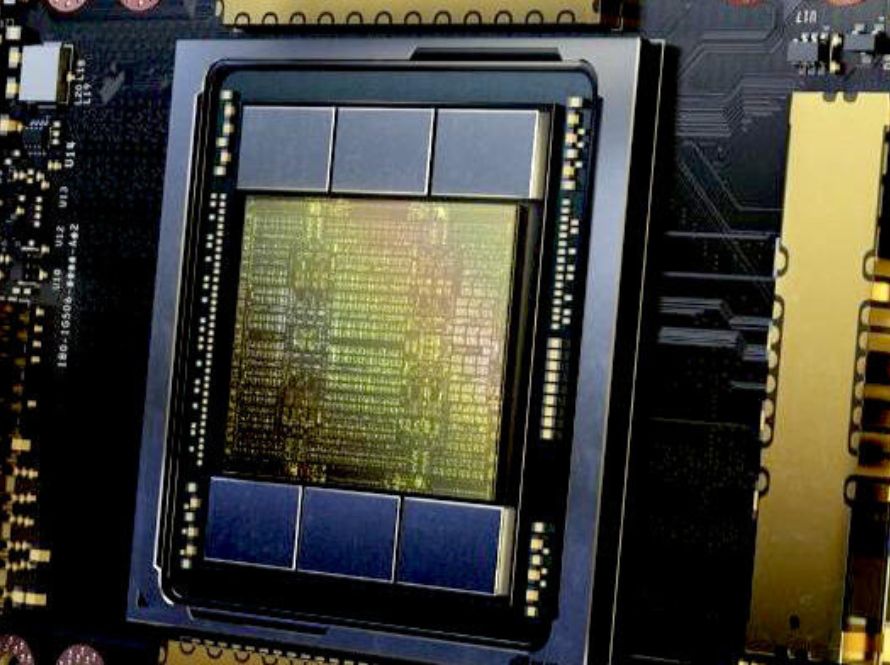 Close-up image of a GPU (graphics processing unit) chip mounted on a circuit board, showing the intricate metallic and silicon components and connections.
