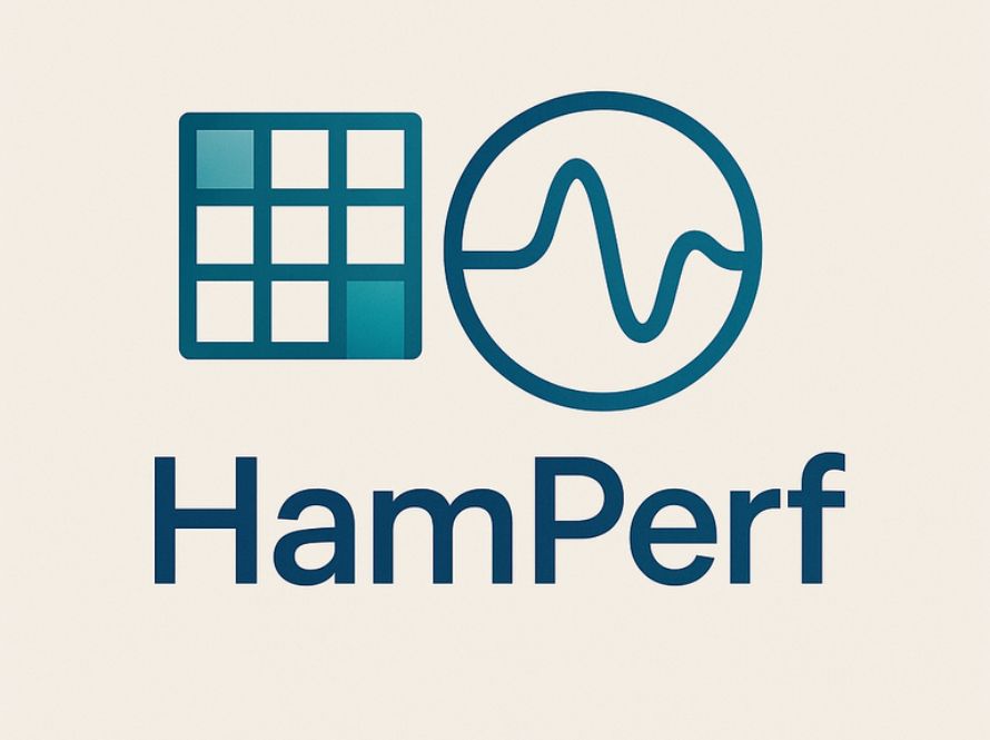 Logo for HamPerf featuring a blue grid icon next to a circle containing a wavy line, with the word "HamPerf" written below in bold blue text.