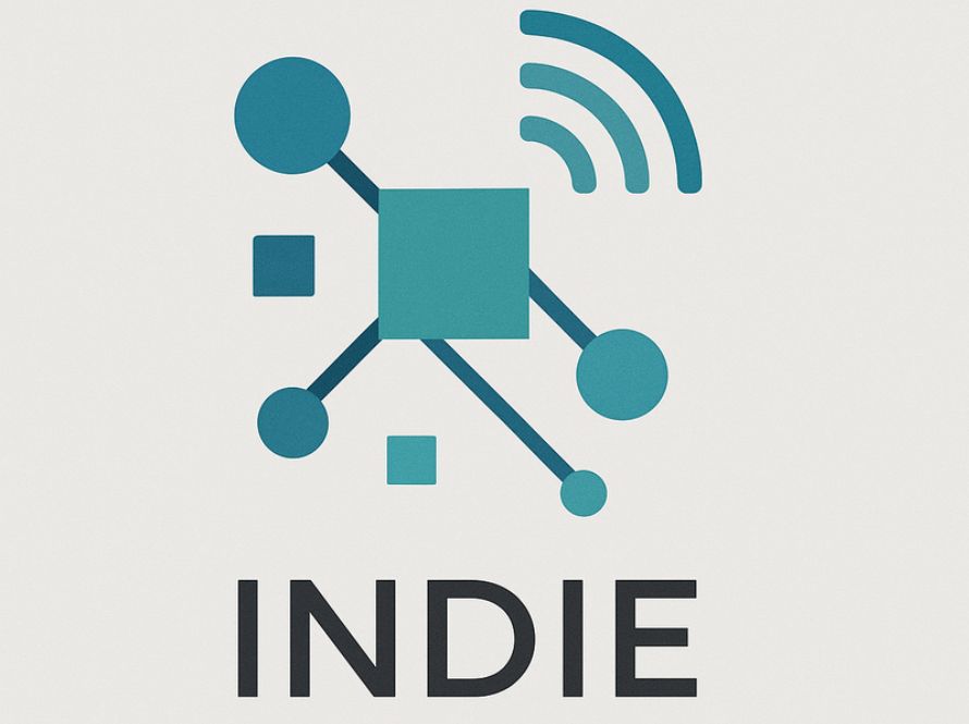 INDIE logo featuring modern, bold lettering with interconnected nodes and lines symbolizing wireless networks and data flow, using a blue and teal color palette to represent advanced technology and connectivity.