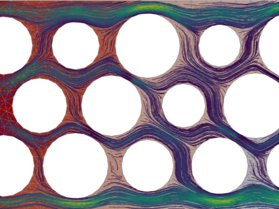 The image illustrates a simulation of fluid flow or heat transfer through a porous medium or a channel with obstacles. It features streamlines and color-coded variations representing temperature or pressure changes. The simulation is typical of Computational Fluid Dynamics (CFD) software, used to analyze and visualize complex fluid dynamics scenarios.