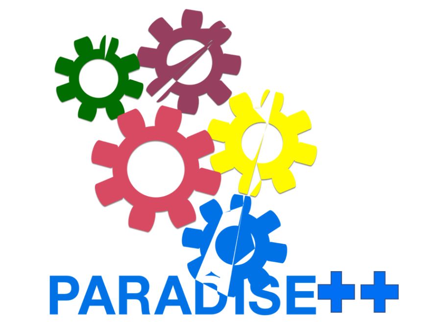 Logo featuring five colorful interlocking gears (green, purple, red, yellow, and blue) above the bold blue text "PARADISE++," with a white diagonal line slicing through the gears and text.