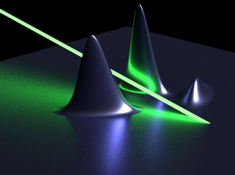 An artistic illustration of a mixture of Gaussian processes and a light or particle beam passing through. The image represents the inner workings of the algorithm inside gpCAM, a software tool developed by researchers at Berkeley Lab's CAMERA facility to facilitate autonomous scientific discovery. The illustration features a glowing white beam intersecting a surface with multiple peaks and valleys, symbolizing the complex mathematical computations involved.