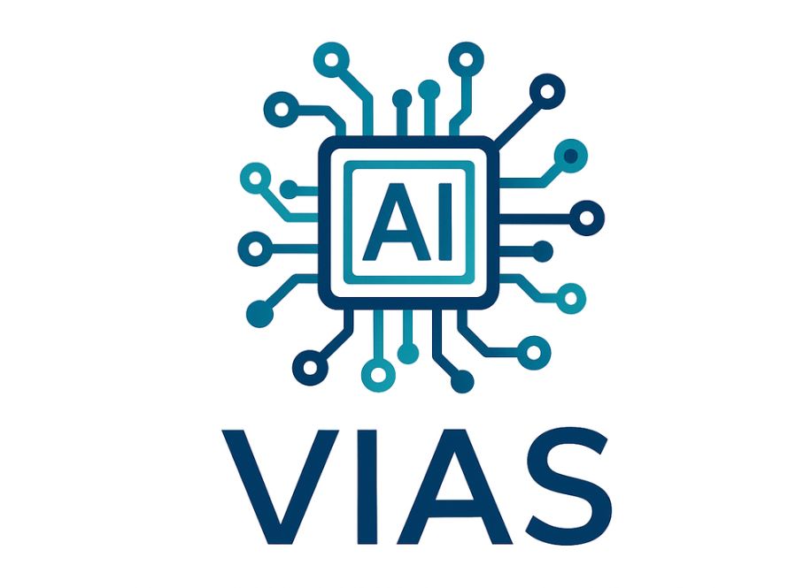 VIAS project logo featuring bold, modern lettering and a graphic element combining stacked microchips and an AI neural network motif, symbolizing vertically integrated circuits and artificial intelligence for advanced sensing and high-performance computing, in blue and silver tones.