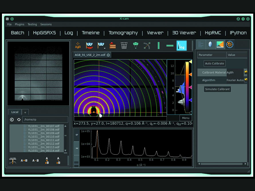 Screenshot of a scientific software interface showing automated calibration of silver behenate data. The center panel displays overlapping yellow and green rings, indicating alignment, and a graph at the bottom shows the resulting one-dimensional spectrum.