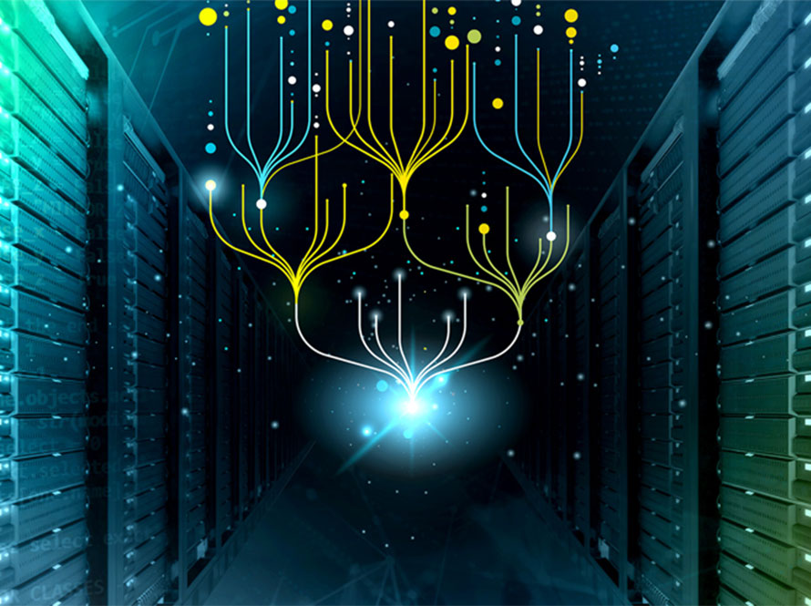 A glowing network diagram with branching lines and nodes floats above rows of computer servers, symbolizing data aggregation and artificial intelligence in a high-performance computing environment.