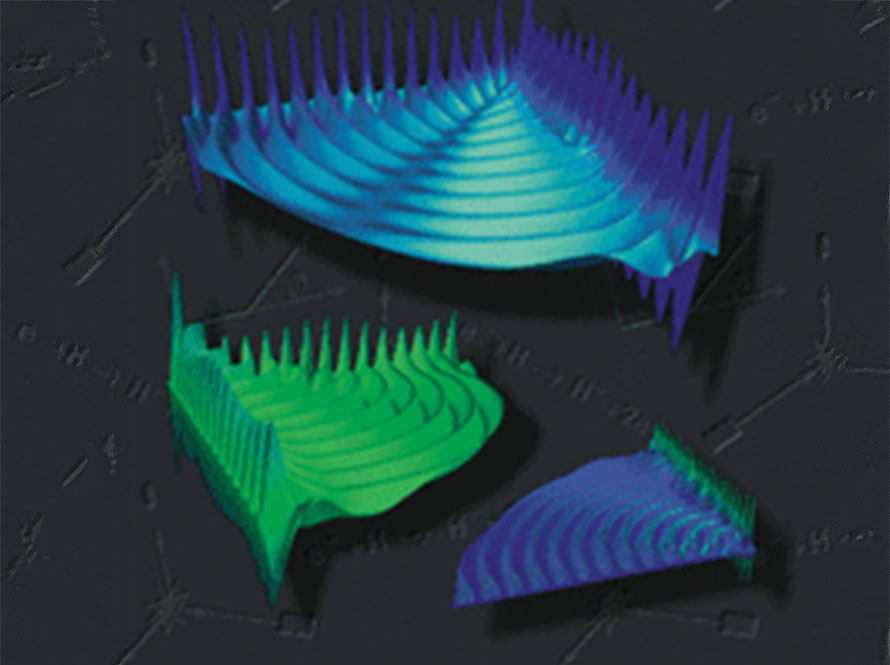 The image displays three colorful, three-dimensional graphs with peaks and valleys, each representing different data sets or functions. The graphs are rendered in vibrant shades of blue, green, and purple, and are positioned against a dark background with faint mathematical equations or diagrams. The visual suggests a focus on data analysis or mathematical modeling.