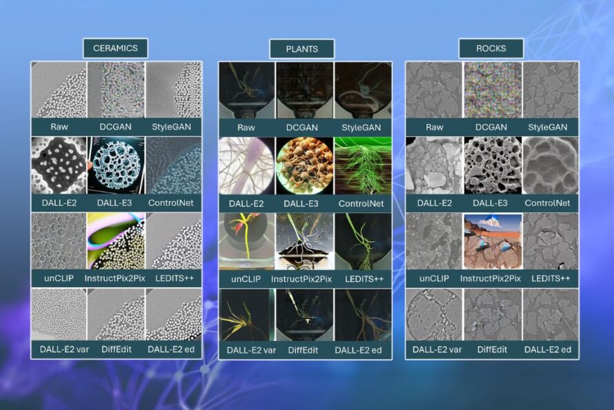 A comparative infographic showcasing the results of different generative AI models in creating scientific images. The infographic is divided into three vertical sections, labeled 'Ceramics,' 'Plants,' and 'Rocks.' Each section contains a grid of images comparing a 'Raw' scientific source image to AI-generated versions created by models including DCGAN, StyleGAN, DALL-E2, and DALL-E3. The 'Ceramics' section shows microscopic views of packed particles, the 'Plants' section displays images of seedlings and root systems, and the 'Rocks' section features grayscale micro-scans of rock sediment, illustrating the varying success of different AI models in reproducing scientifically accurate images.