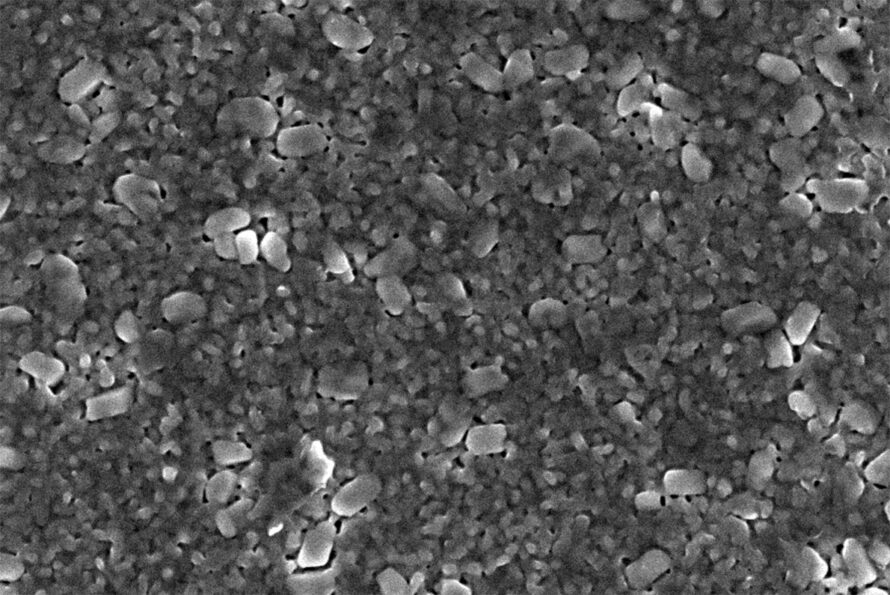 Scanning electron microscope (SEM) image of a chiral 2D metal halide perovskite material synthesized with acetonitrile. Chiral perovskite films made with acetonitrile respond strongly to circularly polarized light.