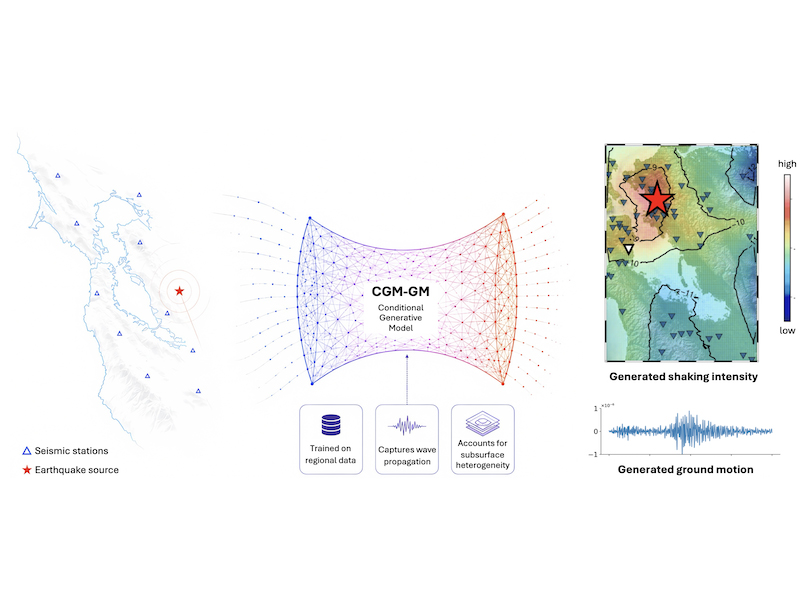A three-part diagram illustrating the workflow of the Conditional Generative Modeling for Ground Motion (CGM-GM) AI model. The left section shows a map of the San Francisco Bay Area with a red star marking an earthquake source and blue triangles representing seismic stations. The middle section features a three-dimensional, hourglass-shaped wireframe representing the CGM-GM model, compressing blue input data on the left into a narrow bottleneck and expanding it into red output data on the right. Below the model, three text boxes with icons indicate the system is trained on regional data, captures wave propagation, and accounts for subsurface heterogeneity. The right section displays the model's outputs: a heat map showing generated shaking intensity radiating from the earthquake source, with a color scale ranging from blue for low intensity to red for high intensity, and a line graph below it showing the detailed waveform of the generated ground motion.