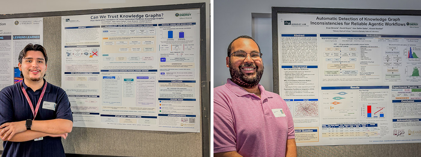 A side-by-side composite of two photos. On the left, David Reyes stands smiling with his arms crossed in front of a large research poster titled "Can We Trust Knowledge Graphs?". He is wearing a dark blue short-sleeved collared shirt and a lanyard with a name badge. On the right, Evan Browne smiles while standing next to a research poster titled "Automatic Detection of Knowledge Graph Inconsistencies for Reliable Agentic Workflows". He is wearing a pink short-sleeved polo shirt and a name tag. Both posters feature various text sections, graphs, diagrams, and logos, including those for Berkeley Lab and the Department of Energy.