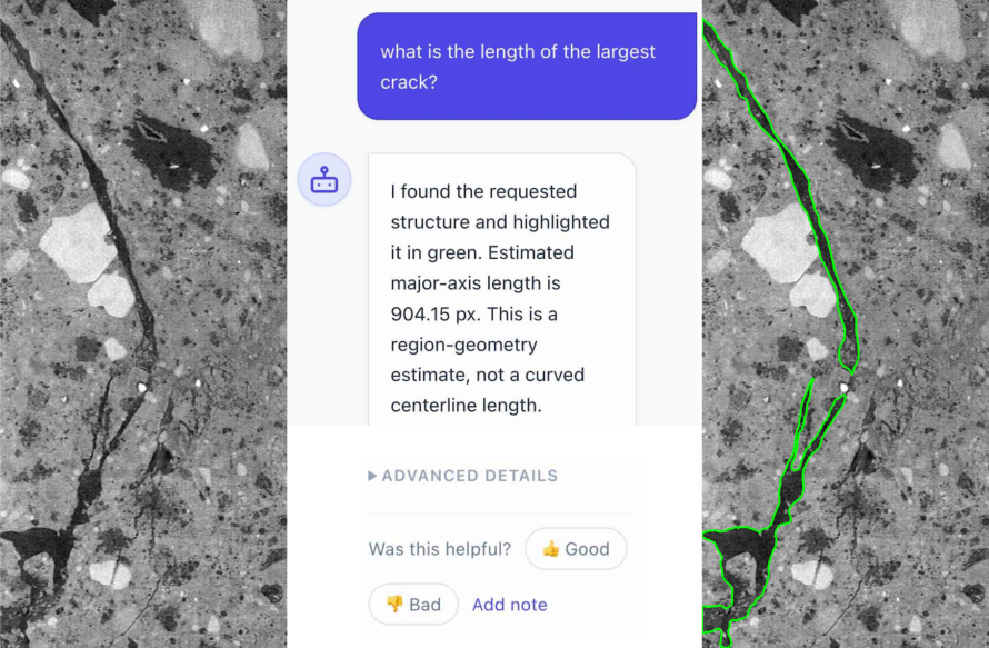 A split graphic illustrating the Zenesis AI tool in action. The left panel shows a raw grayscale scientific image of a textured material with a prominent, jagged dark crack running through it. The middle panel displays a chat interface where a user message asks, "what is the length of the largest crack?" An AI chatbot responds, stating it found the requested structure, highlighted it in green, and provides an estimated length of 904.15 pixels. The right panel displays the original scientific image, but the main crack is now precisely outlined in bright green, matching the AI's response.
