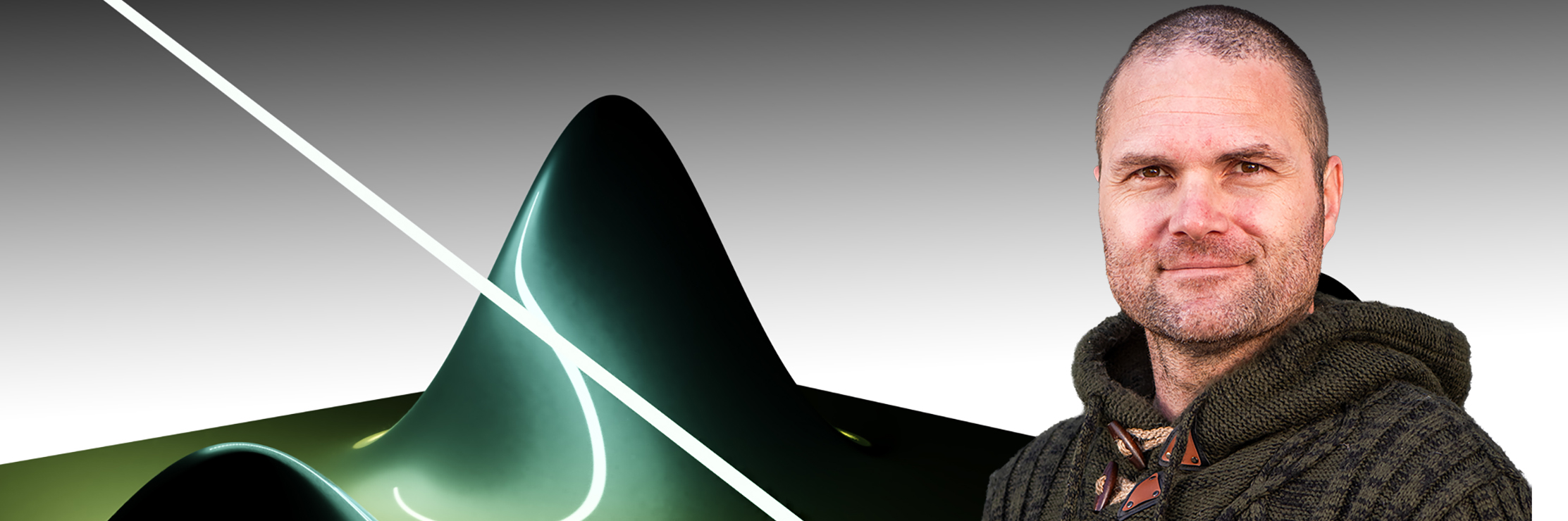 A graphic featuring a portrait of Berkeley Lab researcher Marcus Noack next to a 3D mathematical surface plot representing his work in Gaussian processes.